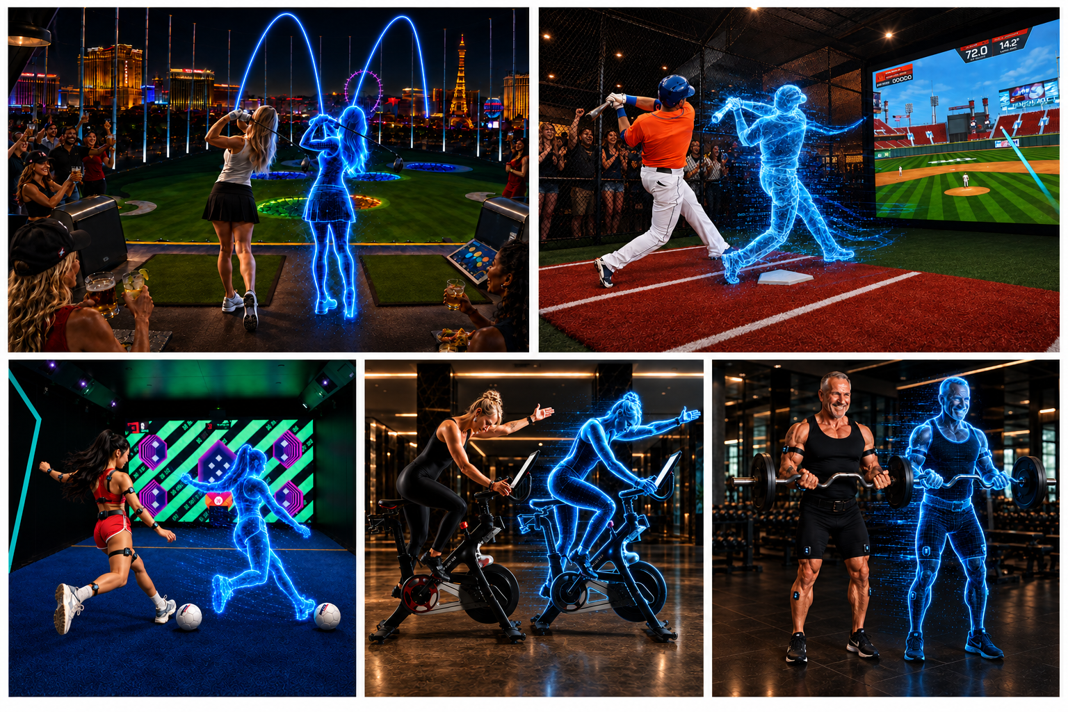 Five connected sports experiences: social golf, baseball simulator, indoor soccer, cycling and weight training, each with a blue digital performance twin