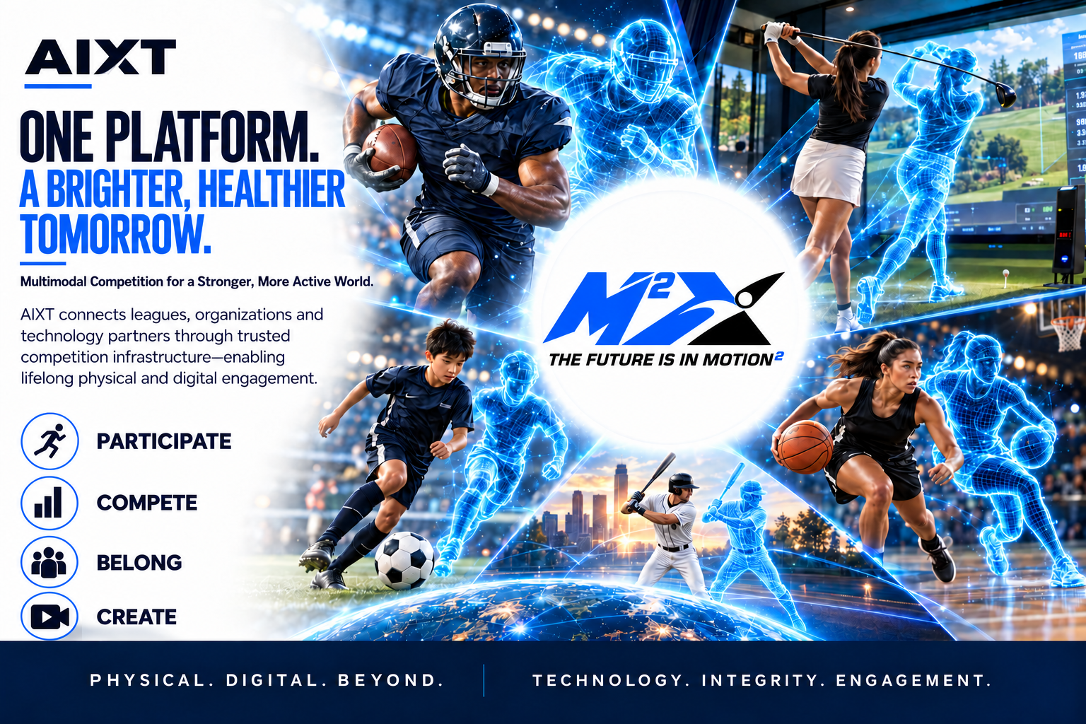 AIXT One Platform. A Brighter, Healthier Tomorrow. Approved first-page design with real athletes and digital twins