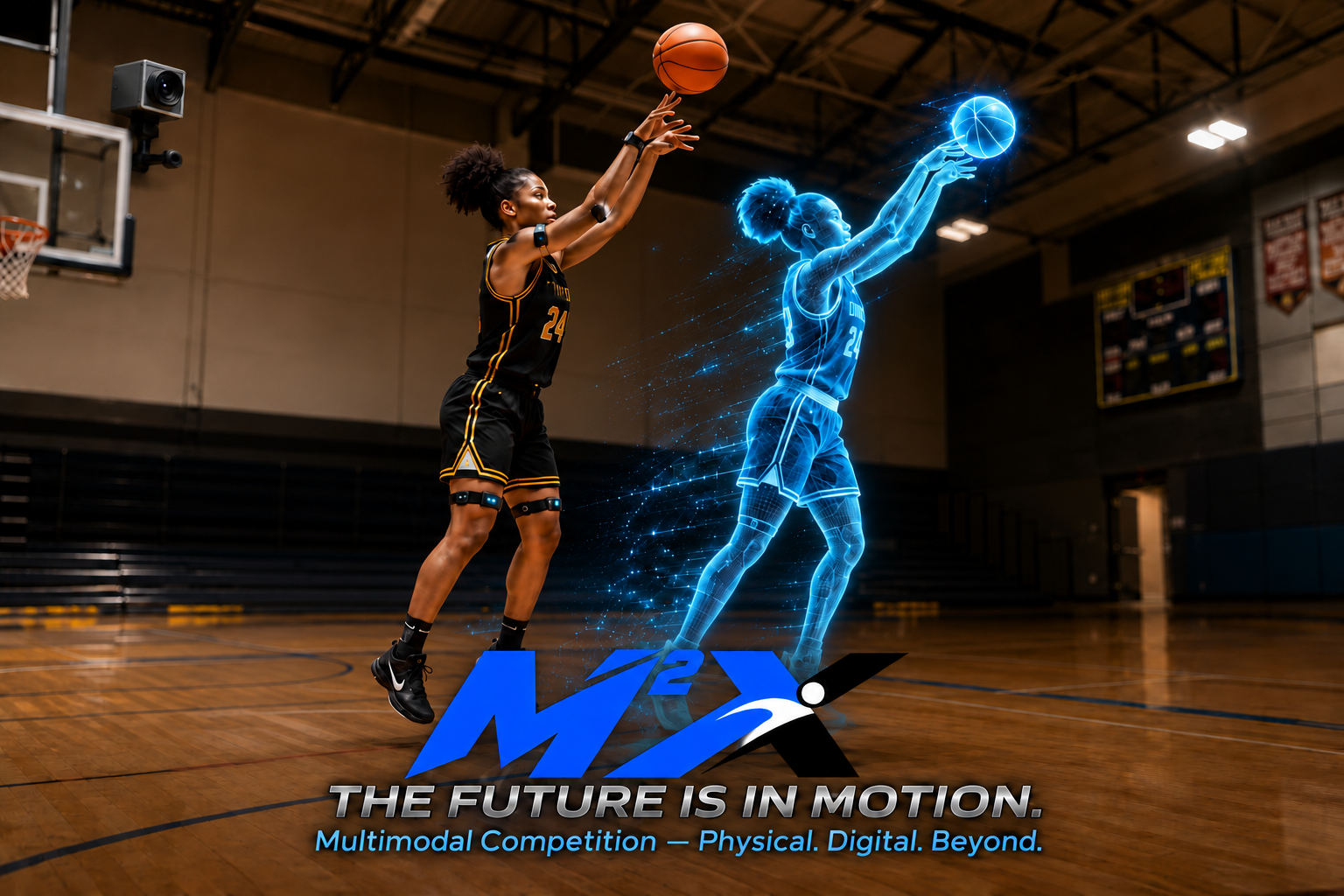 Women's basketball athlete and her luminous digital performance twin