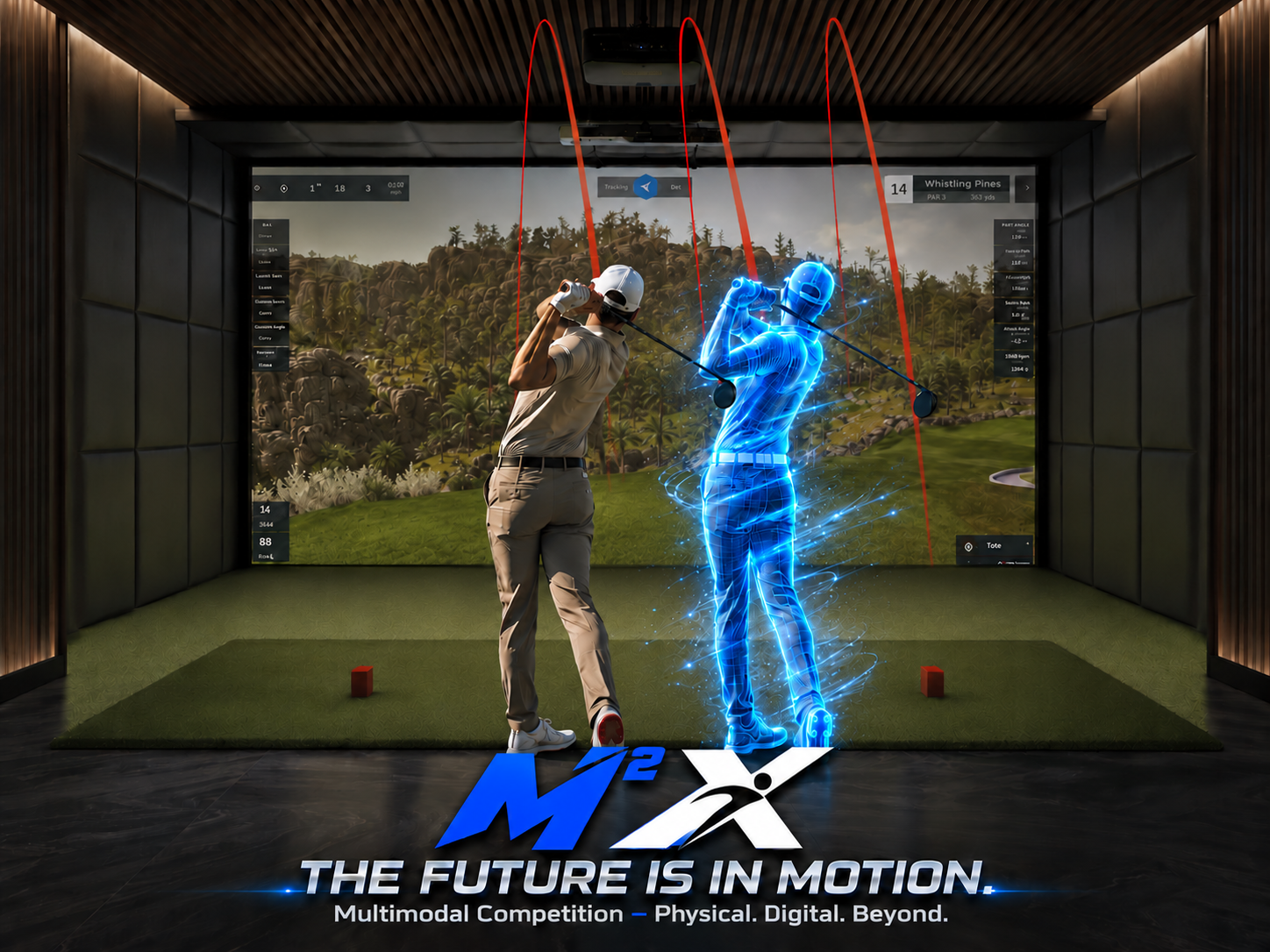 Real golfer and digital twin competing in an indoor golf simulator bay