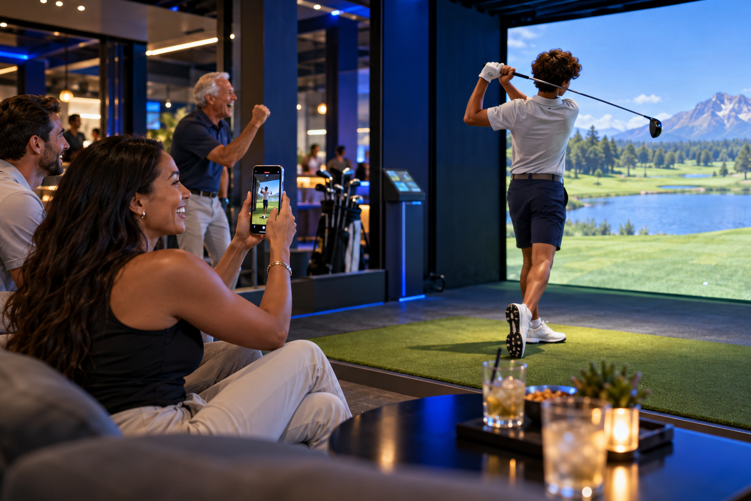 Friends and competitors cheering a golf simulator shot while one participant records the moment on a phone