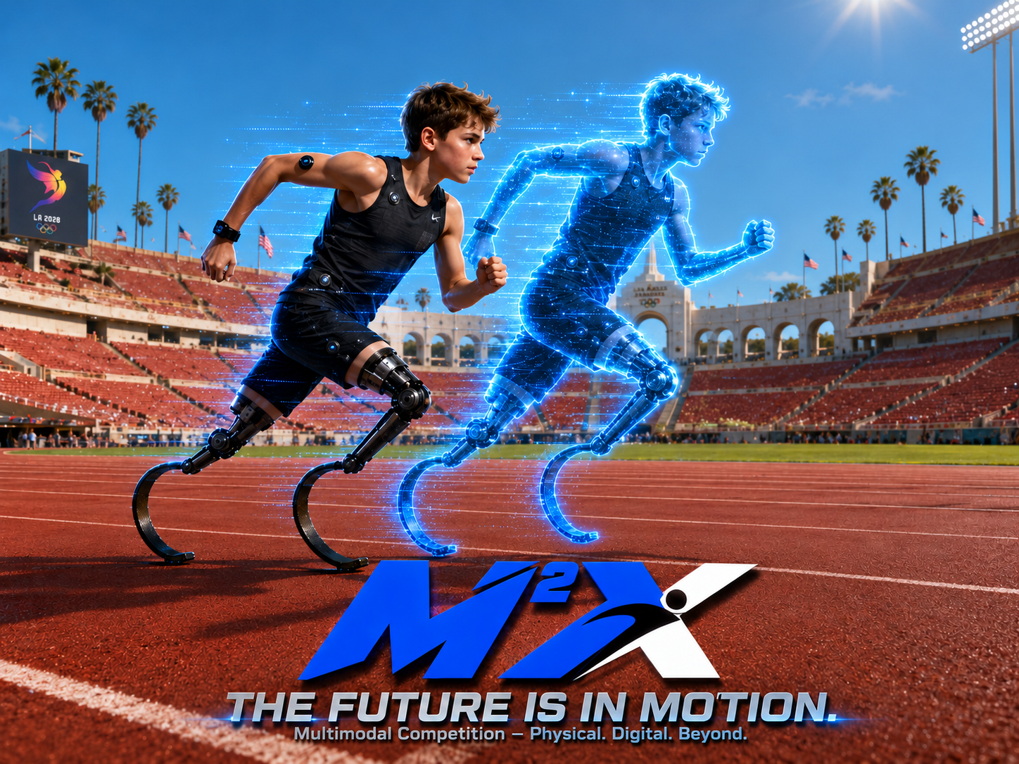 Para-athletics runner and luminous digital twin on a running track